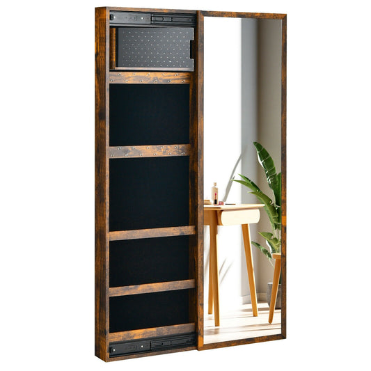 Wall Mounted Jewelry Full-Length Mirror Slide Cabinet Armoire, Rustic Brown