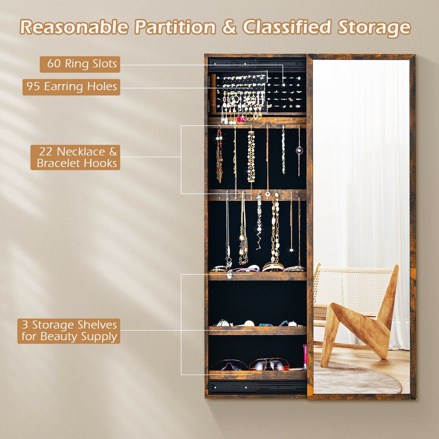 Wall Mounted Jewelry Full-Length Mirror Slide Cabinet Armoire, Rustic Brown at Gallery Canada