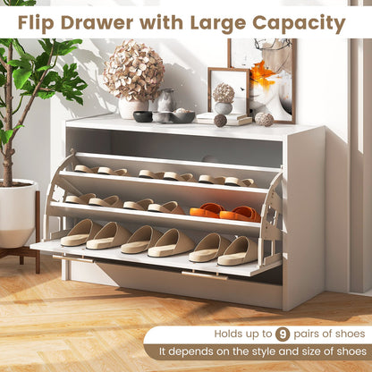Shoe Storage Cupboard Organizer with Top Display and Flip Drawer, White
