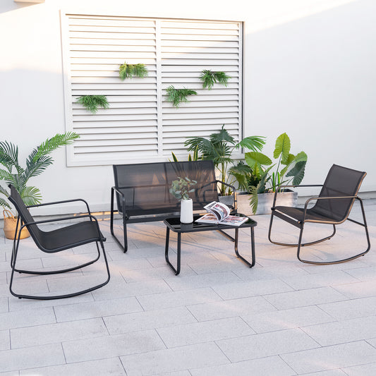 4 Piece Patio Rocking Set, Glass-Top Table, Black Patio Conversation Sets Black at Gallery Canada