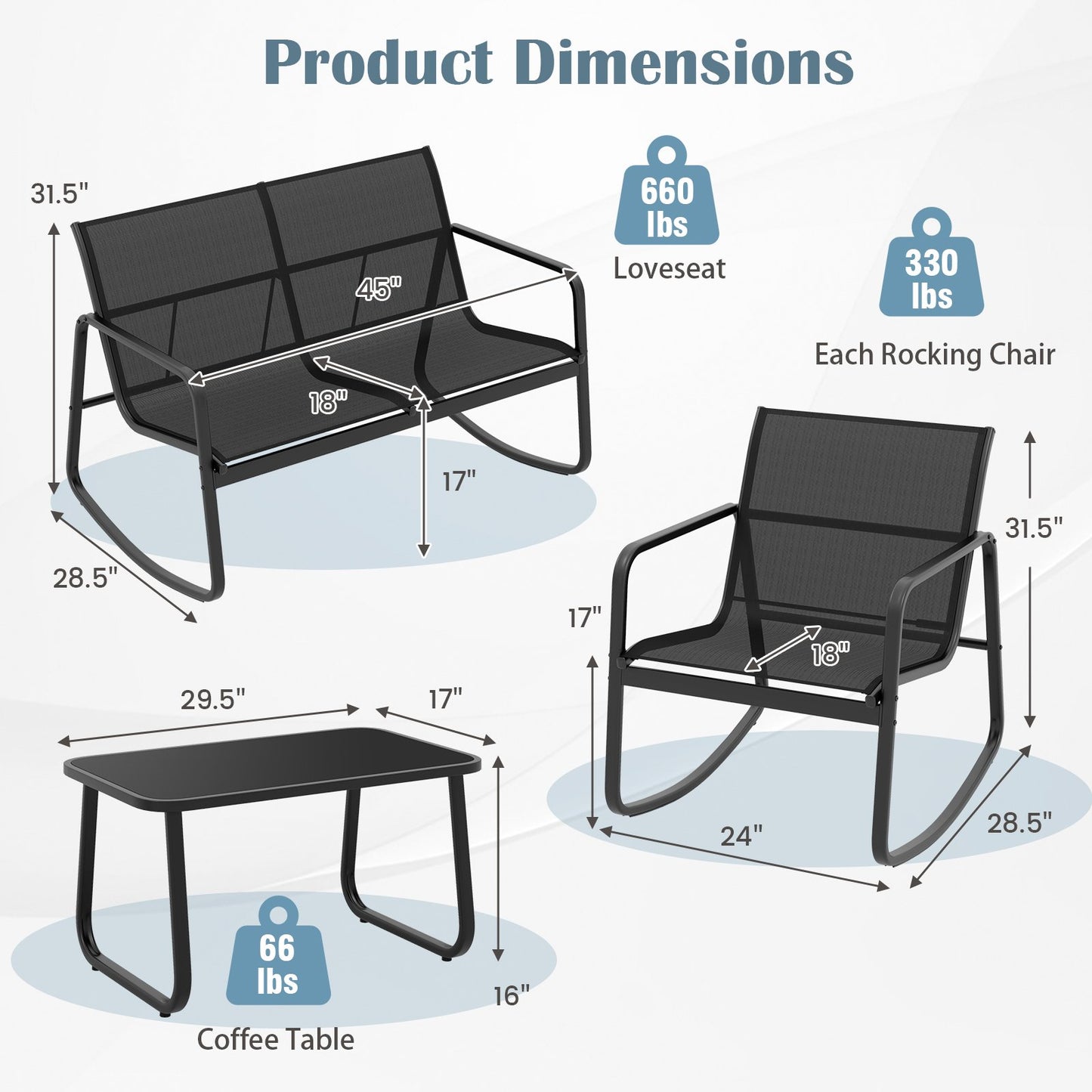 4 Piece Patio Rocking Set with Glass-Top Table, Black