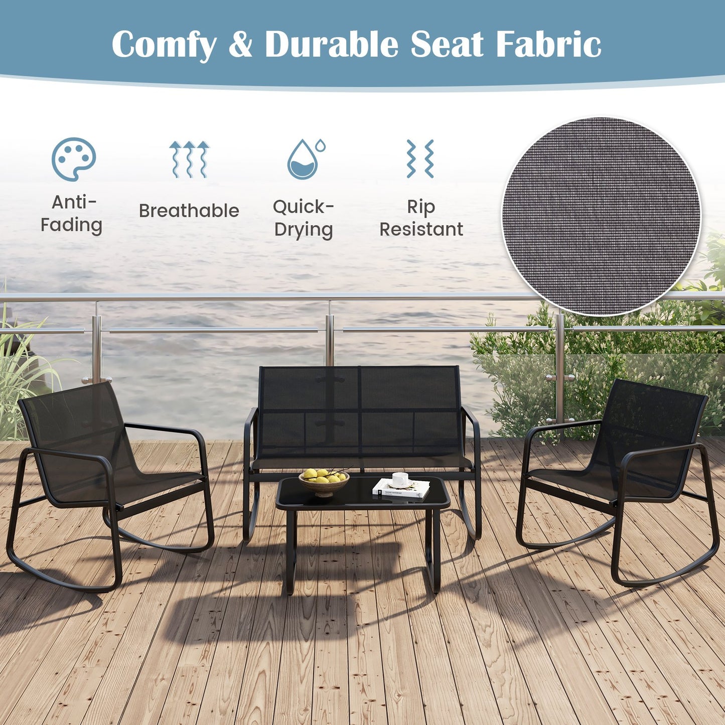 4 Piece Patio Rocking Set with Glass-Top Table, Black