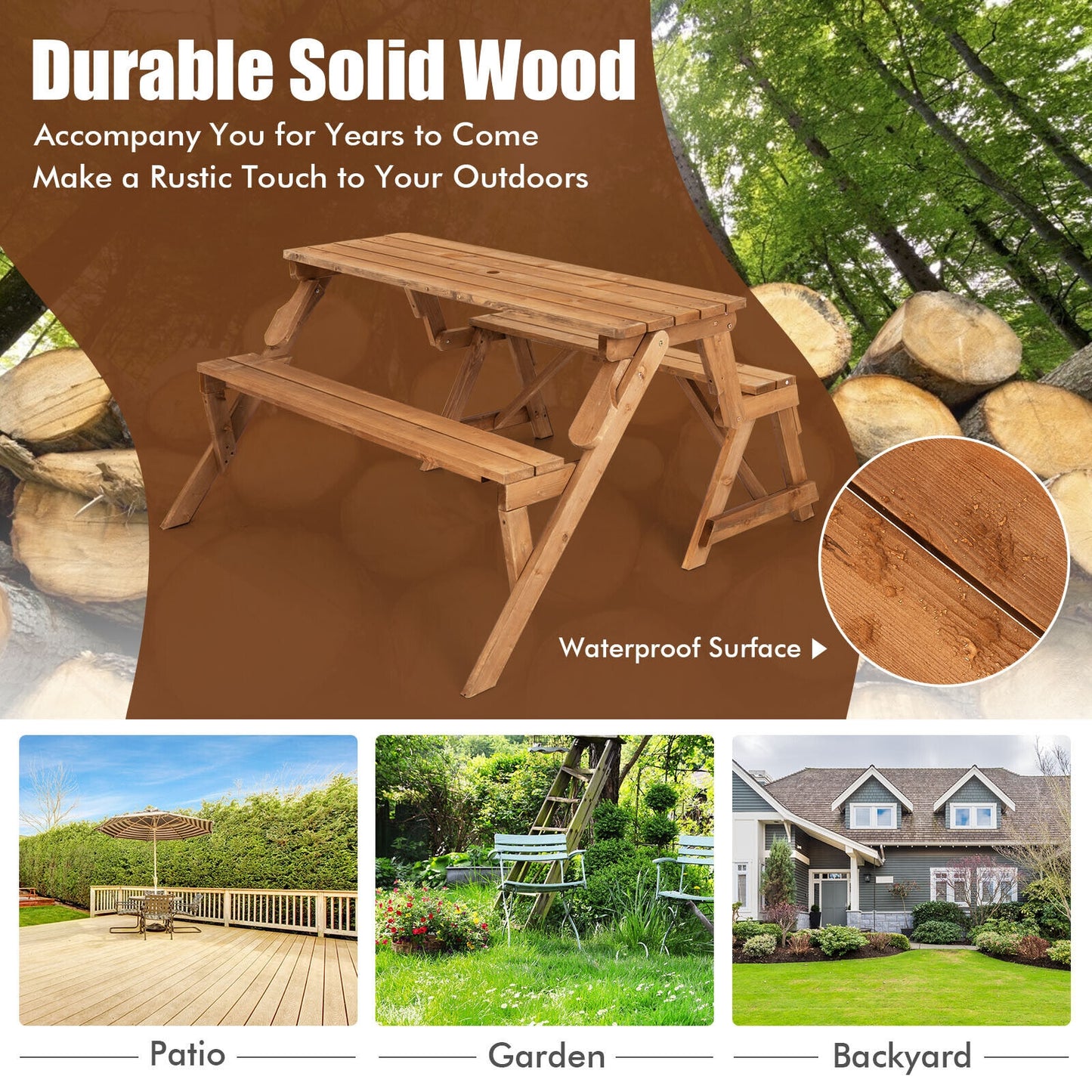 2-In-1 Transforming Wooden Picnic Table Bench, Dark Brown Picnic Tables at Gallery Canada