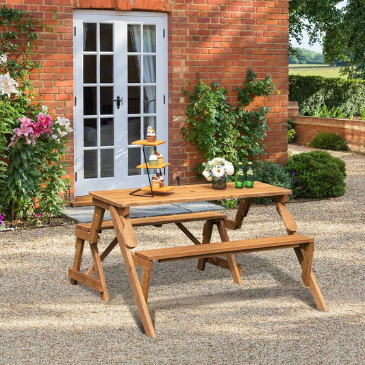 2-In-1 Transforming Wooden Picnic Table Bench, Dark Brown Picnic Tables Dark Brown at Gallery Canada