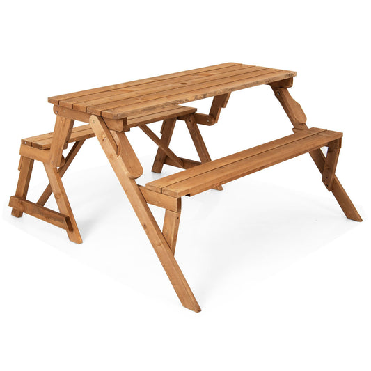 2-in-1 Transforming Interchangeable Wooden Picnic Table Bench with Umbrella Hole, Dark Brown