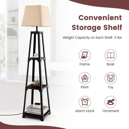 Trapezoidal Designed Floor Lamp with 3 Tiered Storage Shelf, Brown