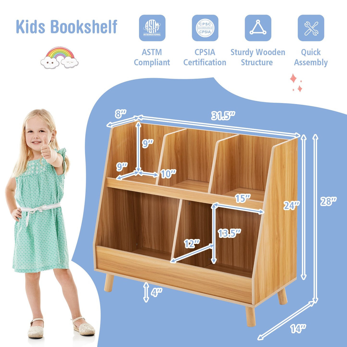 5-Cube Kids Bookshelf and Toy Organizer with Anti-Tipping Kits, Natural