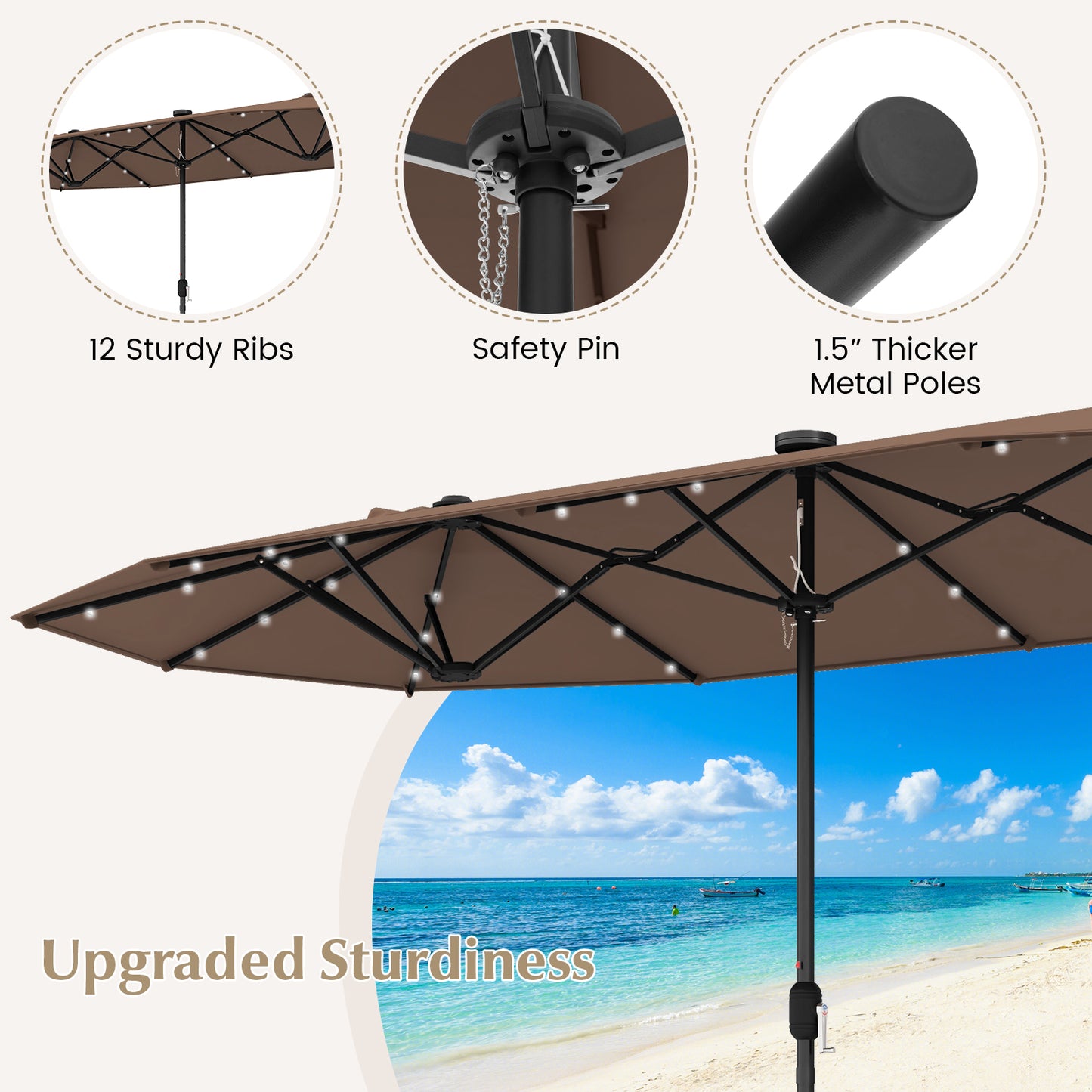 13FT Double-sided Patio Umbrella with Solar Lights for Garden Pool Backyard, Coffee Outdoor Umbrellas at Gallery Canada