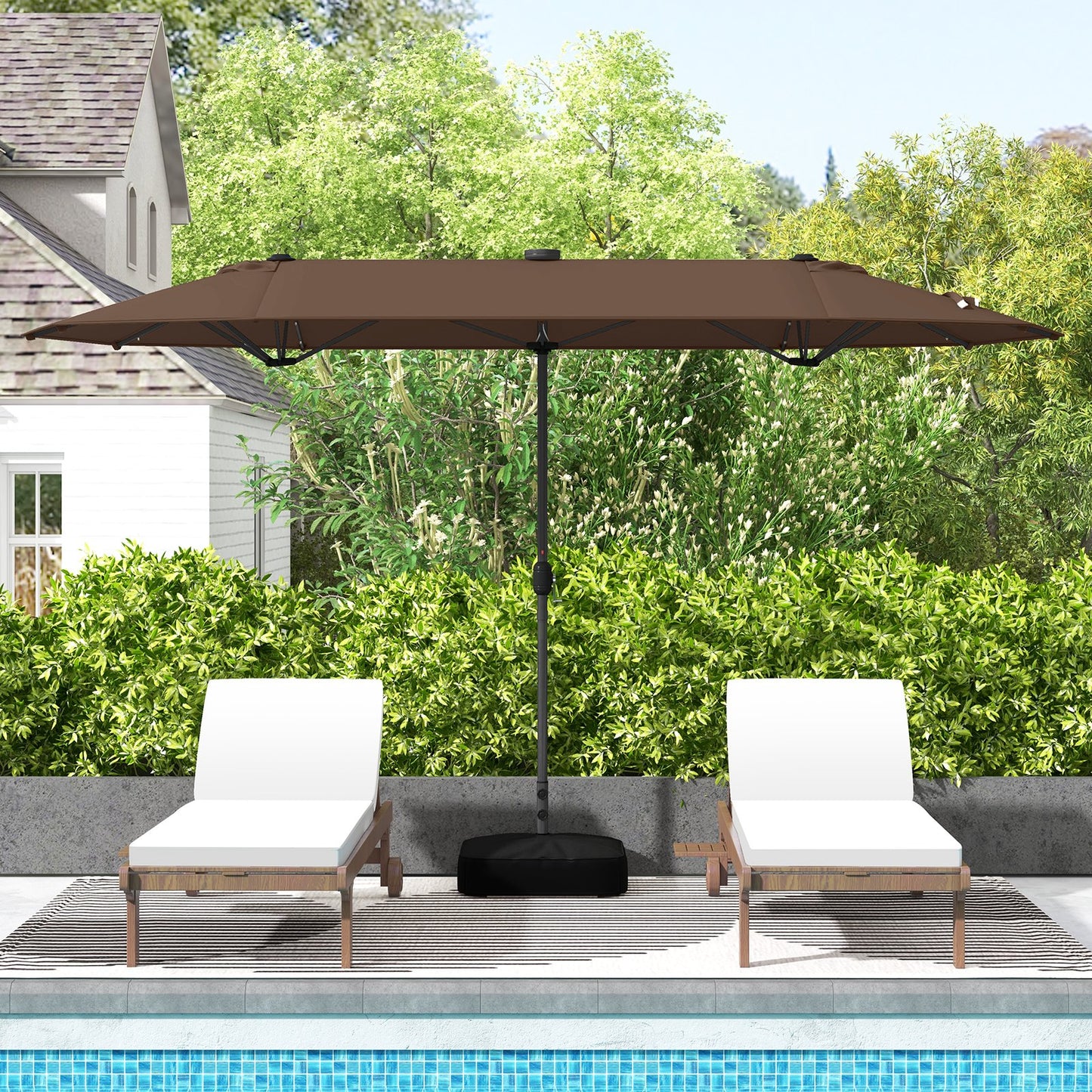 13FT Double-sided Patio Umbrella with Solar Lights for Garden Pool Backyard, Coffee