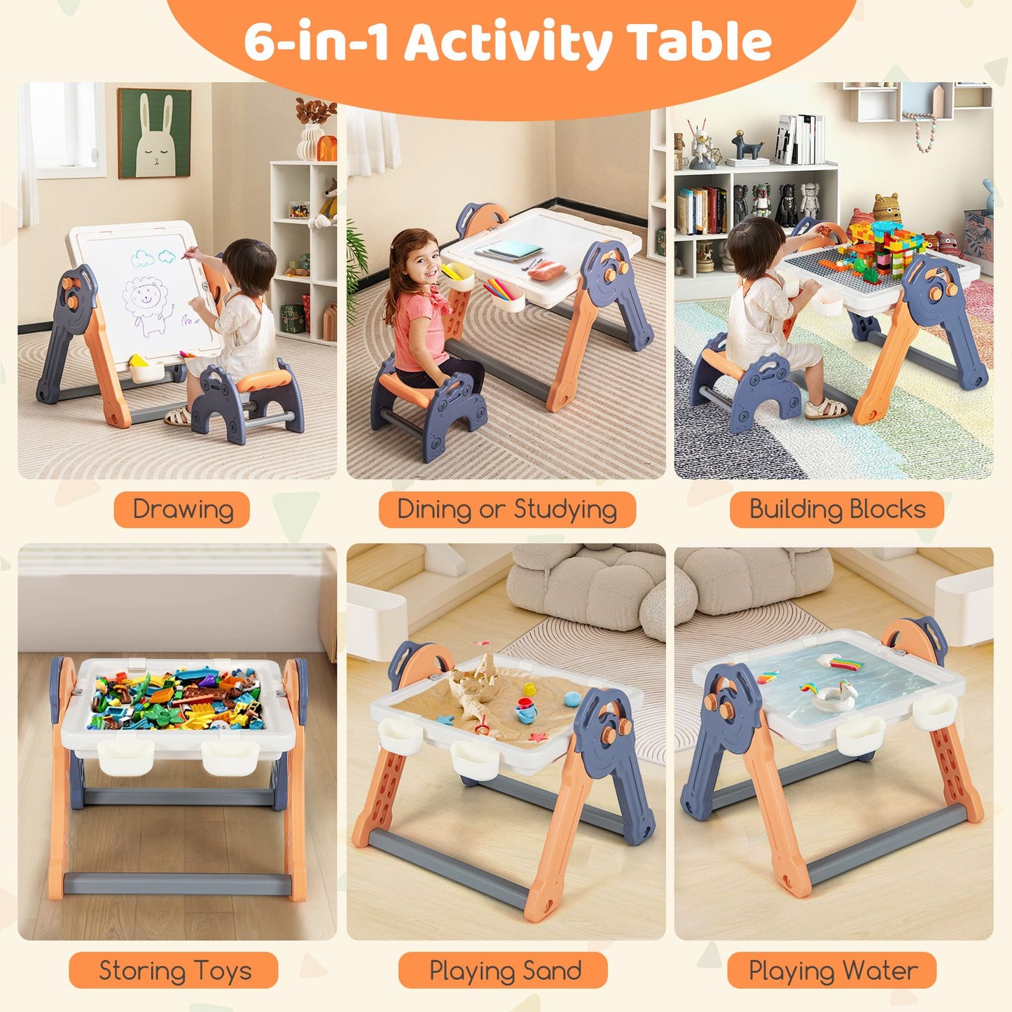 6-In-1 Folding Kids Art Easel with Reversible Building Block Tabletop