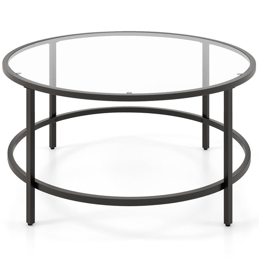 36 Inch Round Coffee Table with Tempered Glass Tabletop, Black