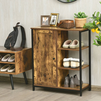 Multipurpose Freestanding Storage Cabinet with 3 Open Shelves and Doors, Rustic Brown