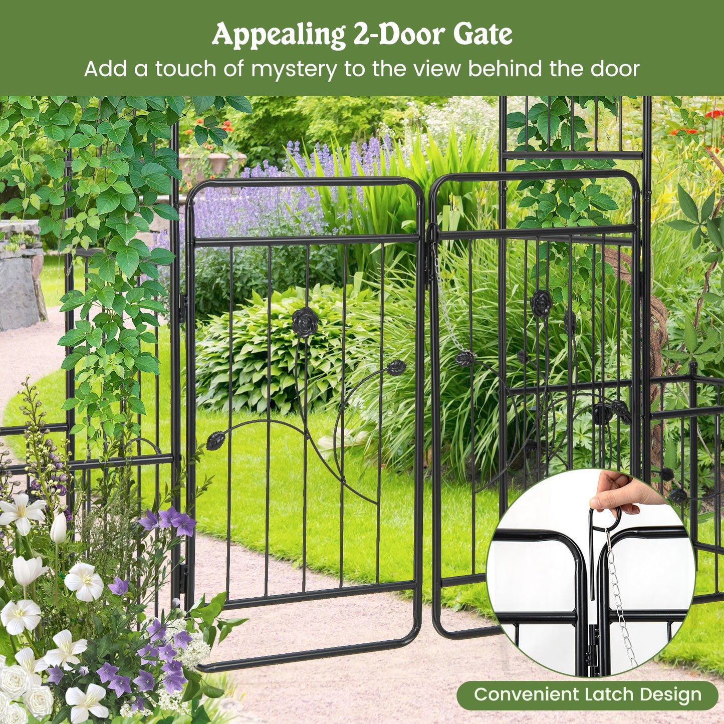87 Inches Garden Arbor with Lockable Gate Side Planters, Black