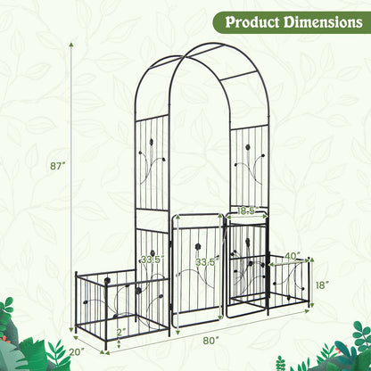 87 Inches Garden Arbor with Lockable Gate Side Planters, Black