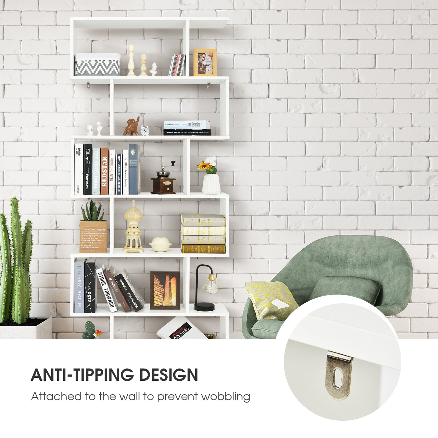 6 Tier S-Shaped Bookshelf, White