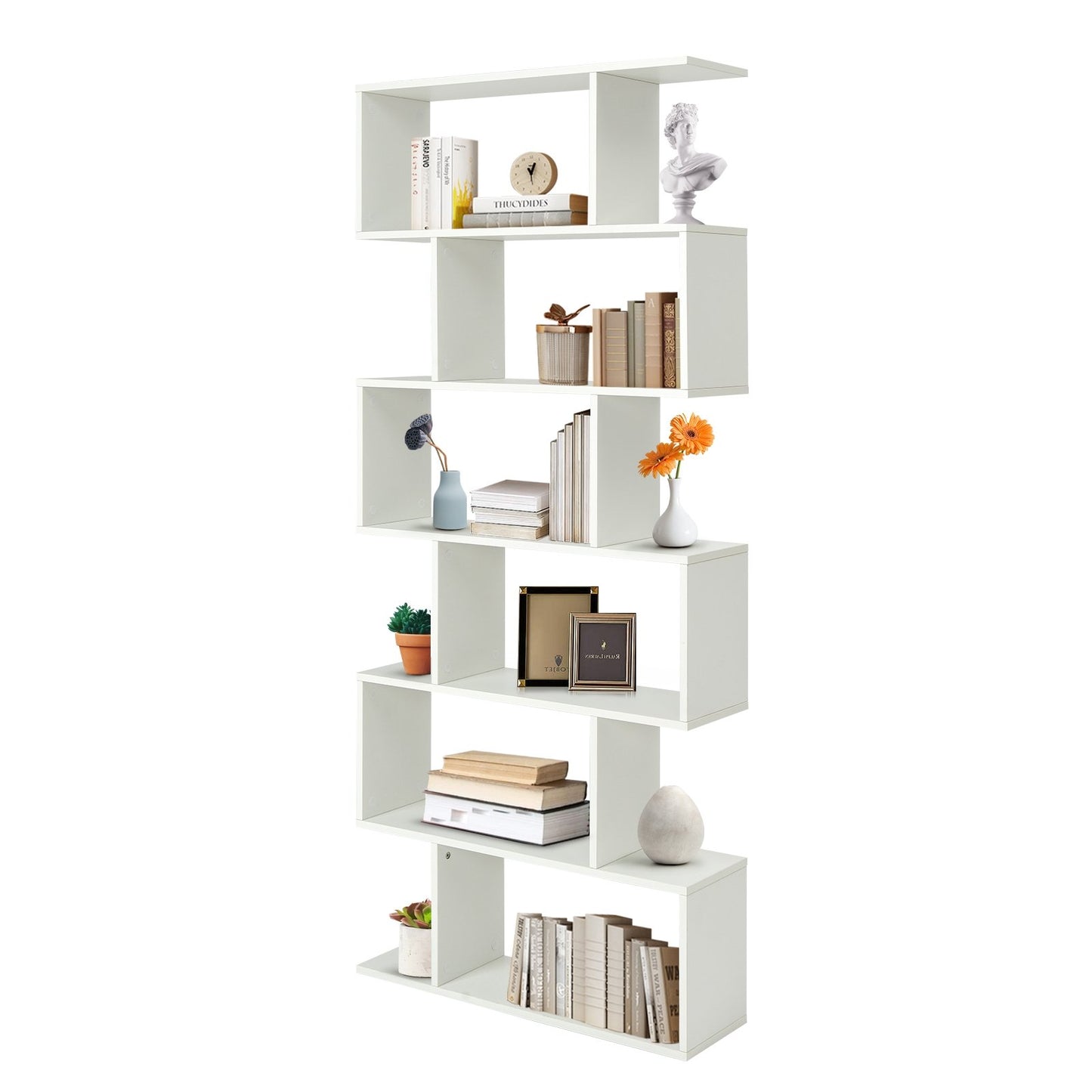 6 Tier S-Shaped Bookshelf Storage Display Bookcase Decor Z-Shelf, White