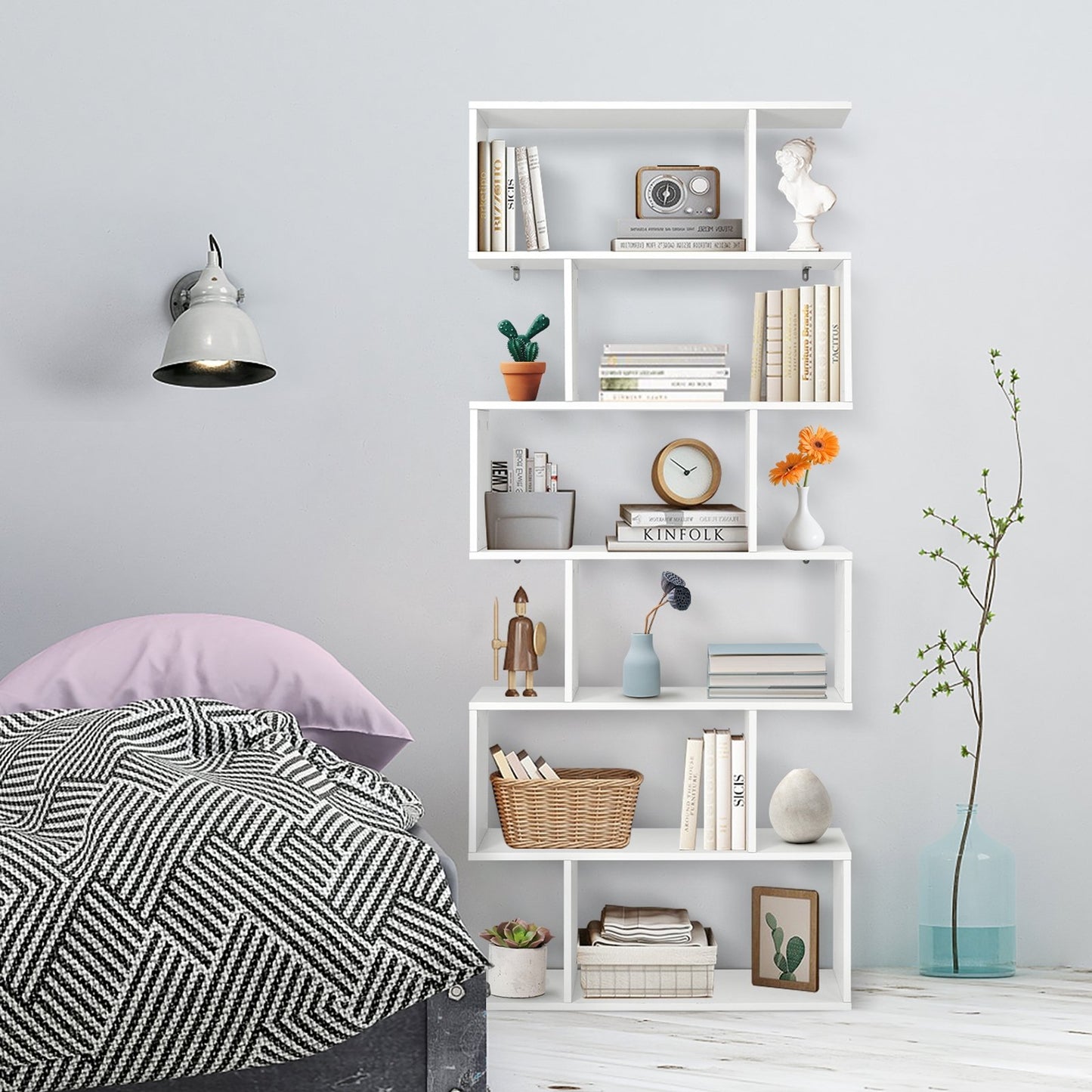 6 Tier S-Shaped Bookshelf Storage Display Bookcase Decor Z-Shelf, White