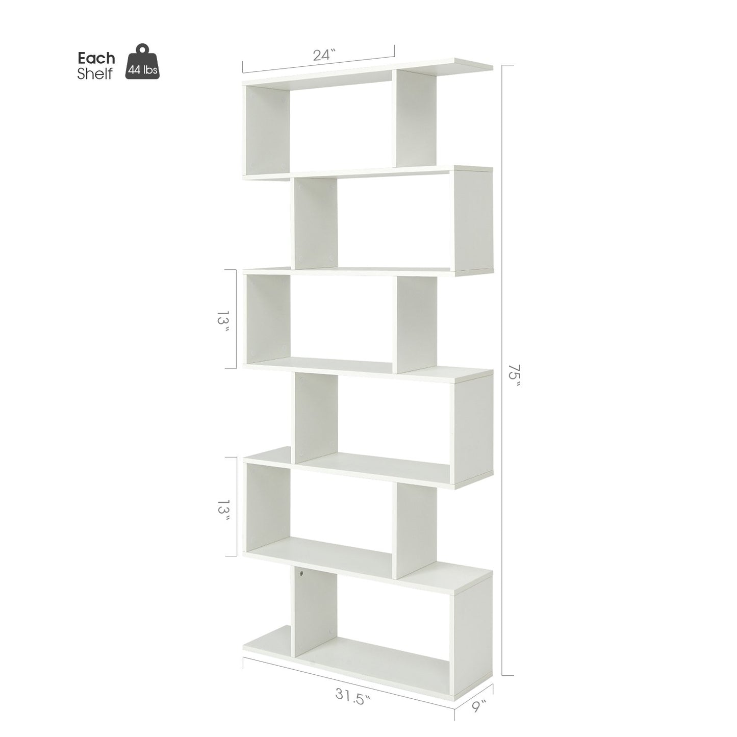 6 Tier S-Shaped Bookshelf Storage Display Bookcase Decor Z-Shelf, White at Gallery Canada