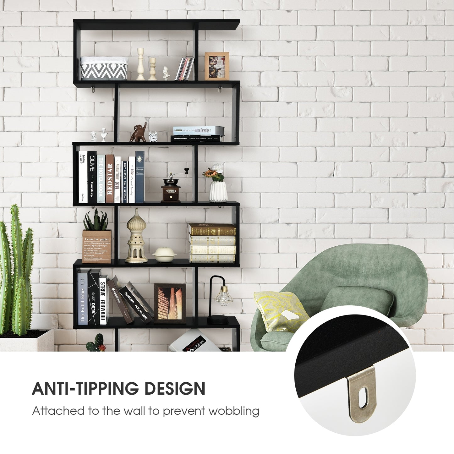 6 Tier S-Shaped Bookshelf, Storage Display Bookcase Decor, Black Bookcases at Gallery Canada