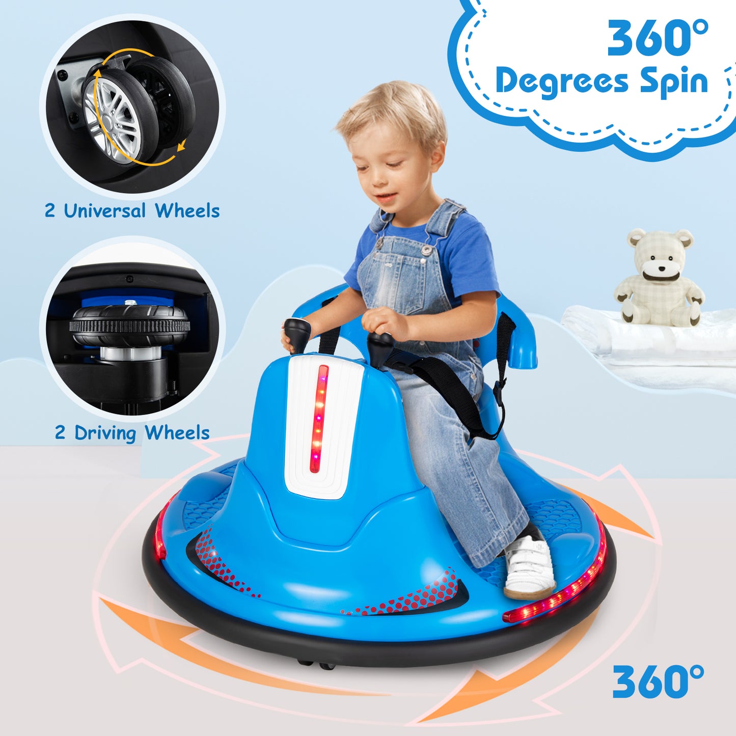 12V Kids Ride On Bumper Car, Remote Control, Lights, Music, Blue Powered Ride On Toys at Gallery Canada