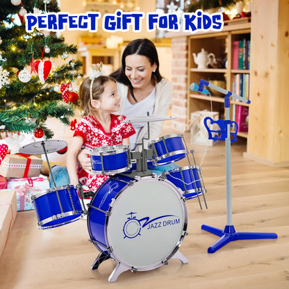 Kids Jazz Drum Keyboard Set with Stool and Microphone Stand, Blue