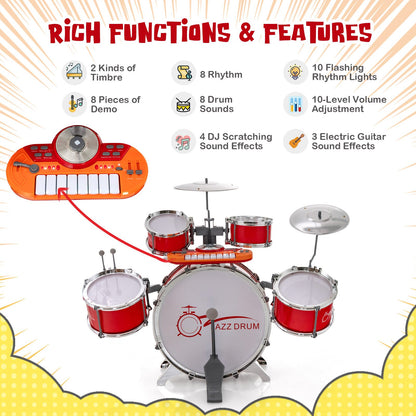 Kids Jazz Drum Keyboard Set with Stool and Microphone Stand, Red