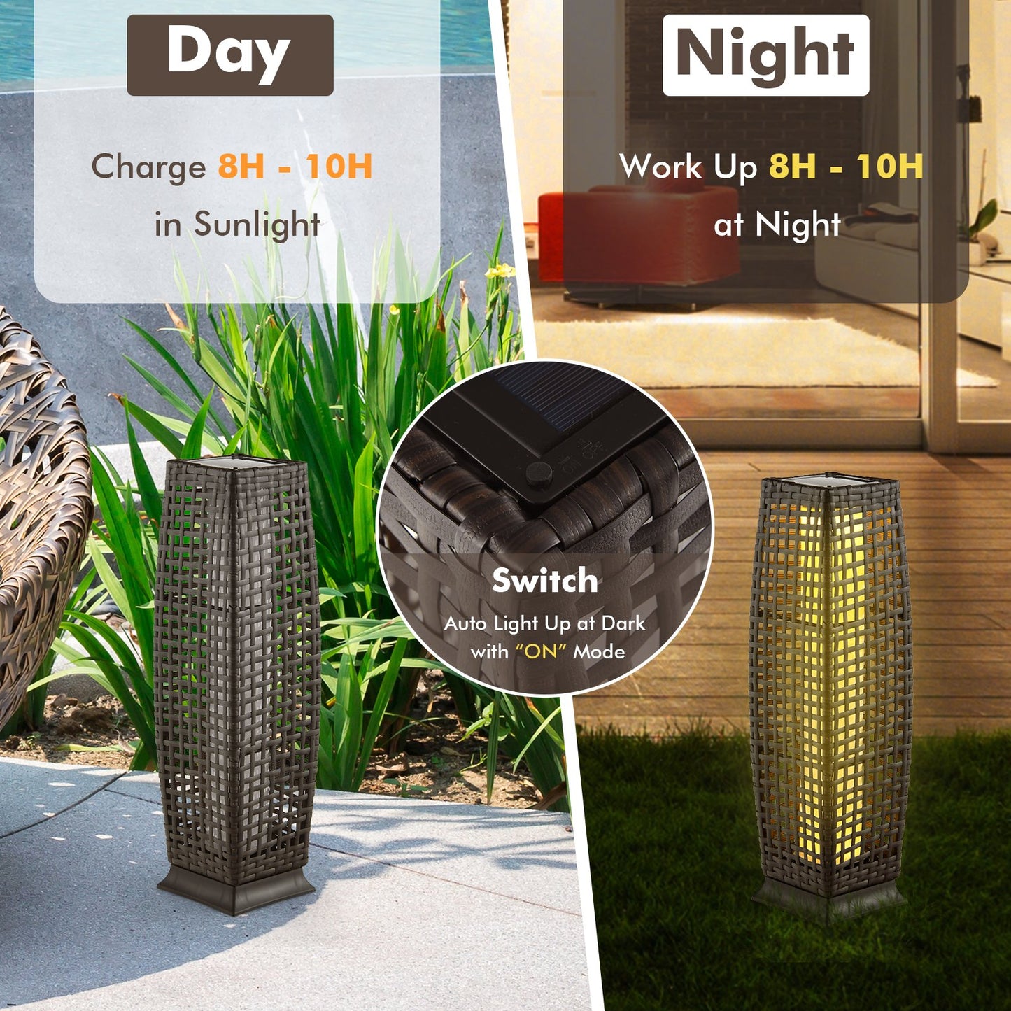2 Pieces Solar-Powered Square Wicker Floor Lamps with Auto LED Light, Brown