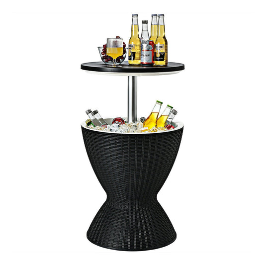 3 in 1 8 Gallon Patio Rattan Cooler Bar Table with Adjust Ice Bucket, Black