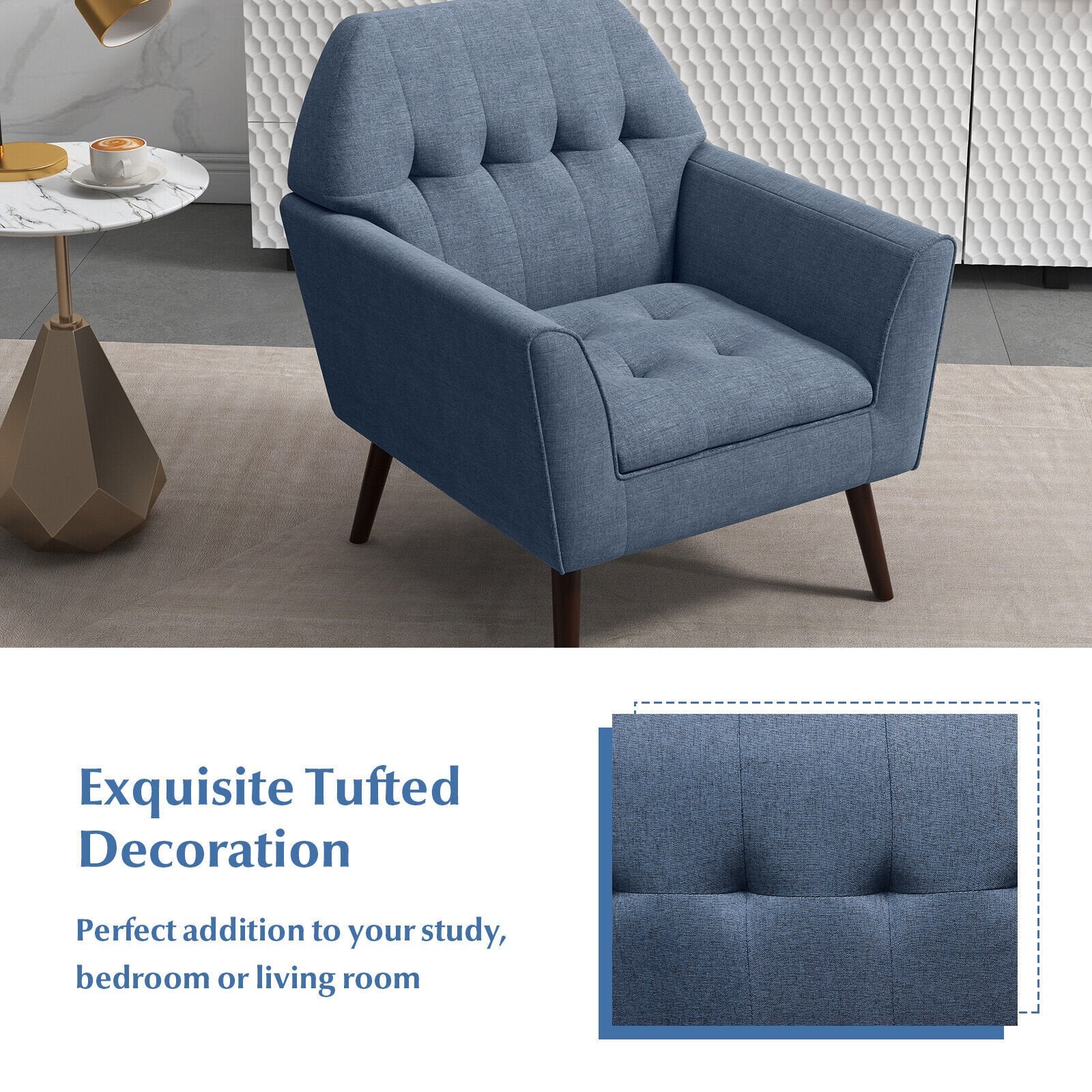 Modern Tufted Fabric Accent Chair with Rubber Wood Legs, Blue at Gallery Canada