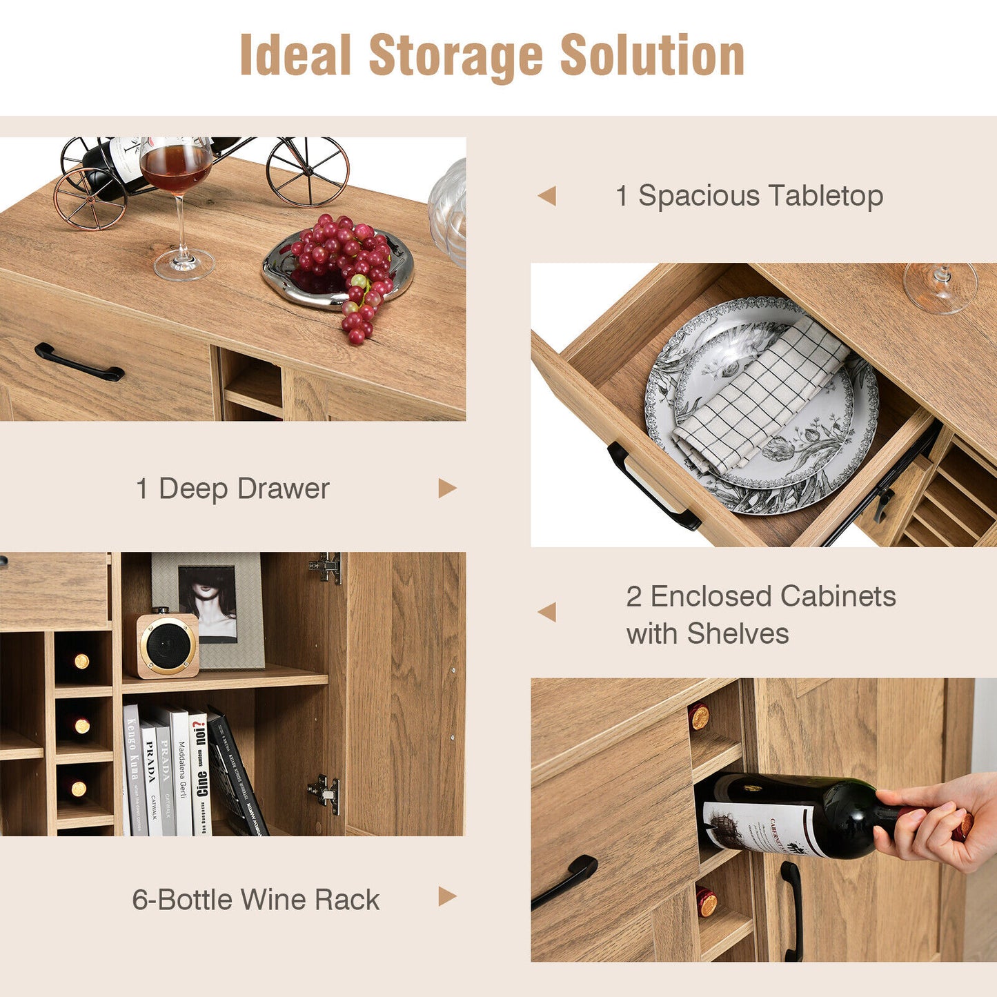 2-Door Sideboard With 6-Bottle Wine Rack Drawer, Natural Sideboards Cabinets & Buffets at Gallery Canada