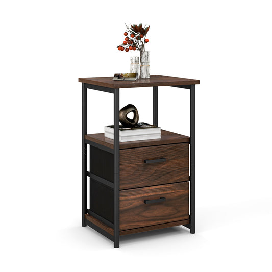 3-Tier Retro Nightstand with 2 Removable Fabric Drawers and Open Shelf, Walnut