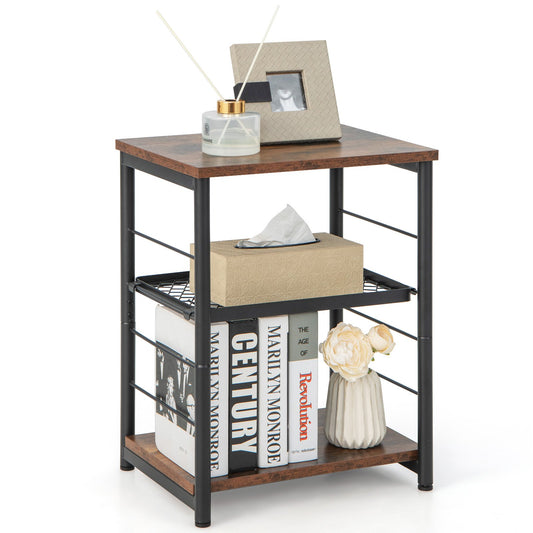 3-Tier Industrial Side Table with Adjustable Mesh Shelf, Rustic Brown