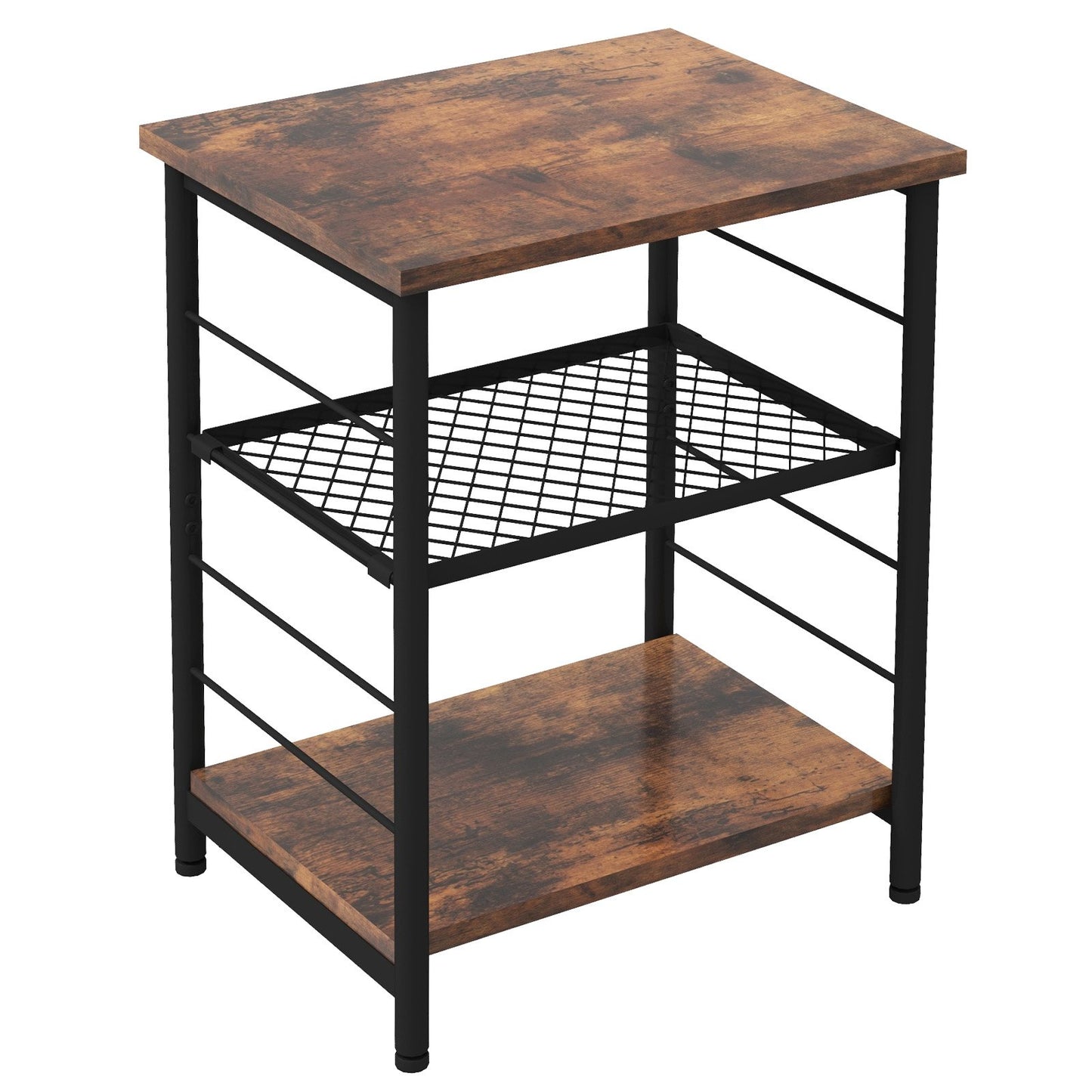 3-Tier Industrial Side Table with Adjustable Mesh Shelf, Rustic Brown