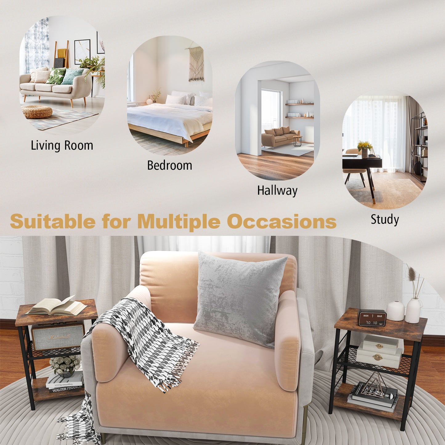 3-Tier Industrial Side Table with Adjustable Mesh Shelf, Rustic Brown End & Side Tables at Gallery Canada