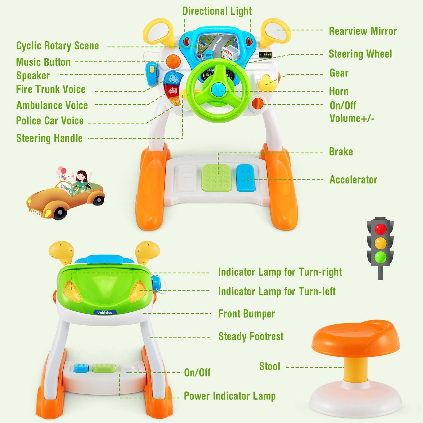 Kids Steering Wheel Pretend Play Toy Set with Lights and Sounds, Multicolor