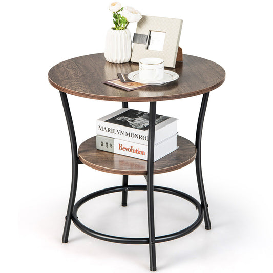 2-Tier Round End Table with Open Storage Shelf and Sturdy Metal Frame, Natural