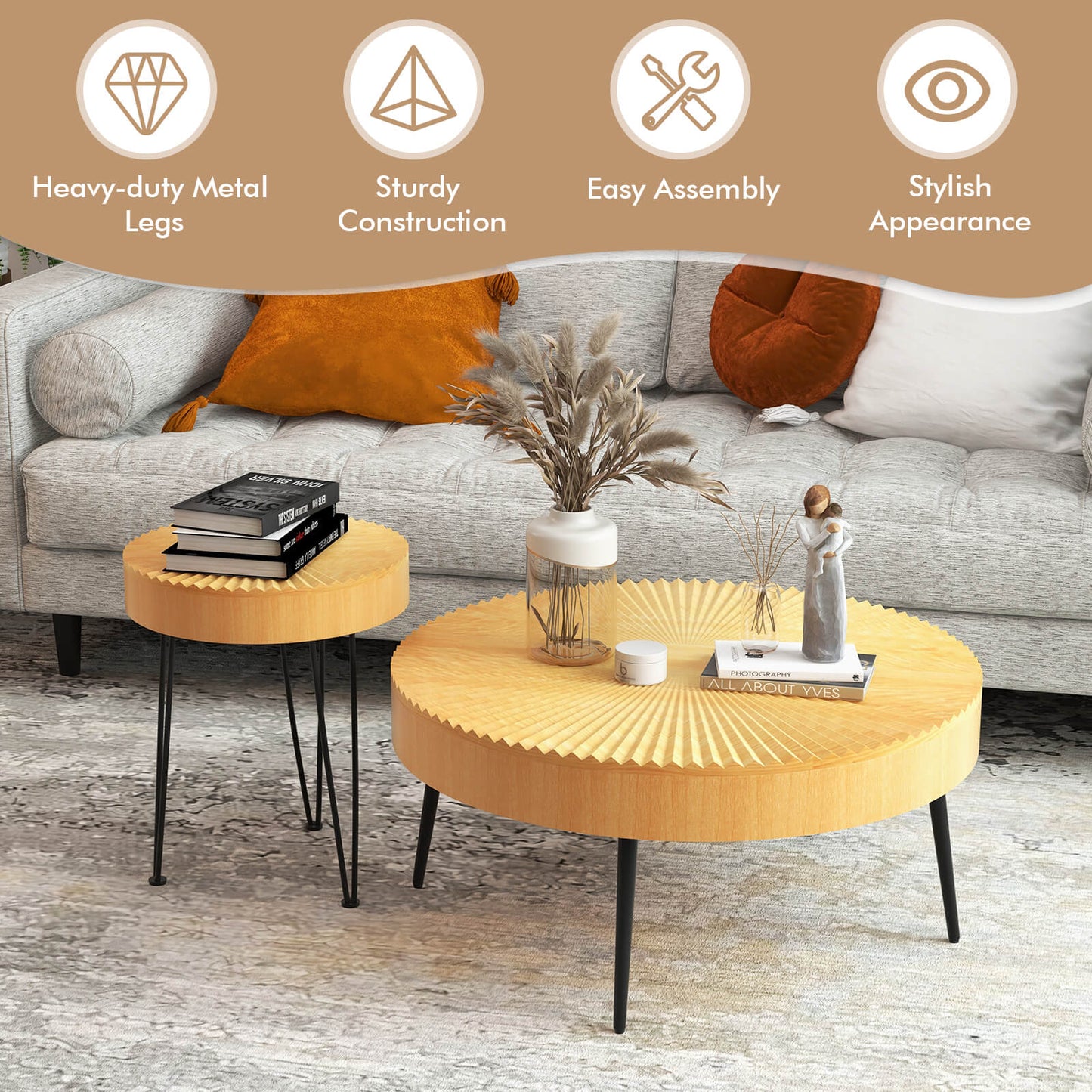 Wooden Coffee Table, Metal Legs, Adjustable Foot Pads, Radial Pattern, Natural Coffee Tables at Gallery Canada