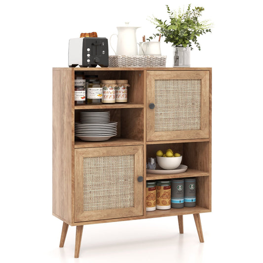 Rattan Buffet Cabinet with 2 Doors and 2 Cubbies, Natural