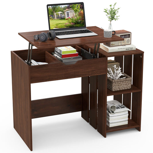 Lift Top Modern Computer Desk with 2 Hidden Compartments and 2 Open Storage Shelves, Walnut