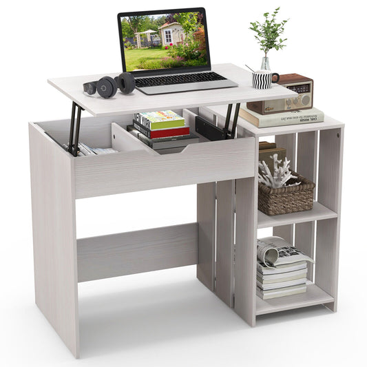 Lift Top Modern Computer Desk with 2 Hidden Compartments and 2 Open Storage Shelves, White