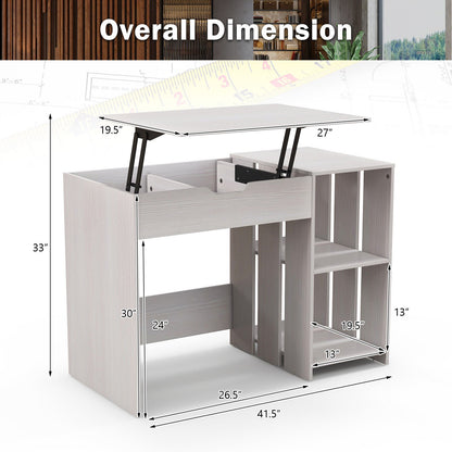 Lift Top Modern Computer Desk with 2 Hidden Compartments and 2 Open Storage Shelves, White