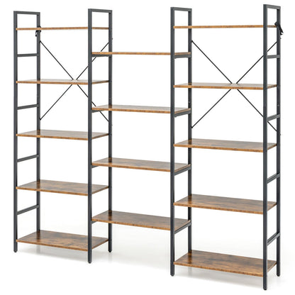 Large Triple Wide Floor Standing Bookcase Display Shelf with Metal Frame, Rustic Brown