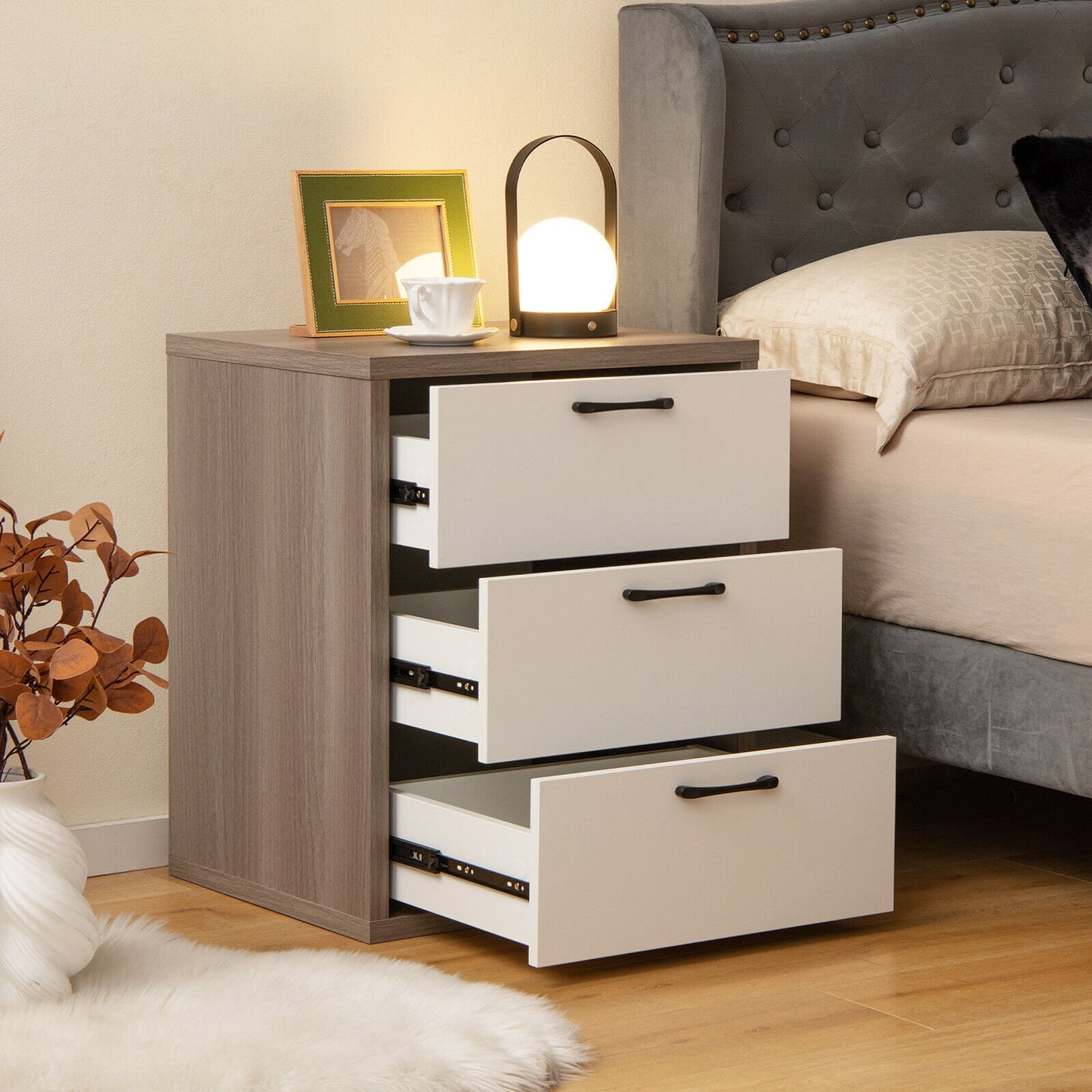 3 Slide-out Drawers Modern Dresser with Wide Storage Space, Gray & White