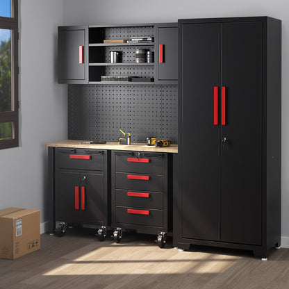 6 Pieces Garage Cabinets and Storage System Set with Pegboard and Rolling Chests, Black & Red