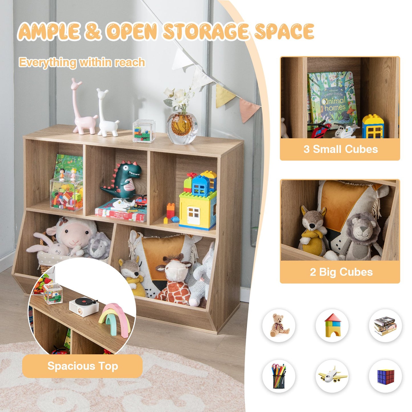 5-Cube Wooden Kids Toy Storage Organizer with Anti-Tipping Kits, Natural at Gallery Canada