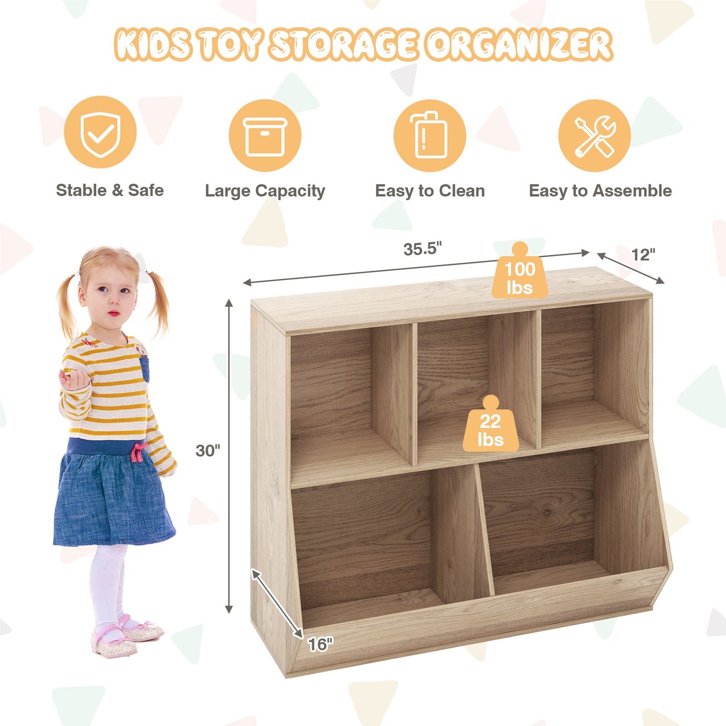5-Cube Wooden Kids Toy Storage Organizer with Anti-Tipping Kits, Natural