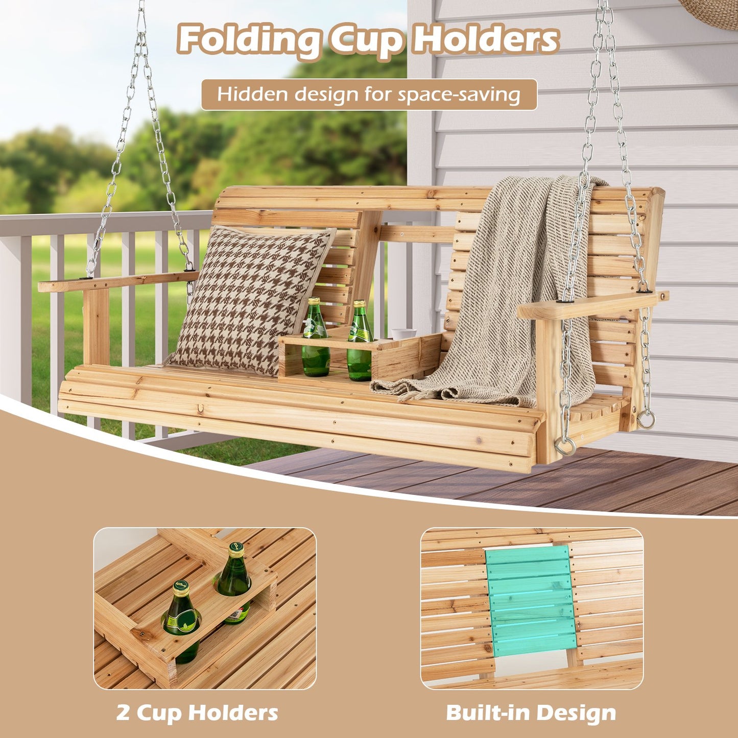 5 Feet Porch Swing Chair with Adjustable Chains and Foldable Cup Holders, Natural