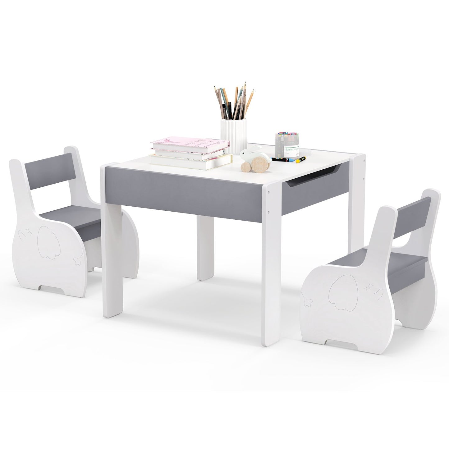 4-in-1 Wooden Activity Kids Table and Chairs with Storage and Detachable Blackboard, Gray