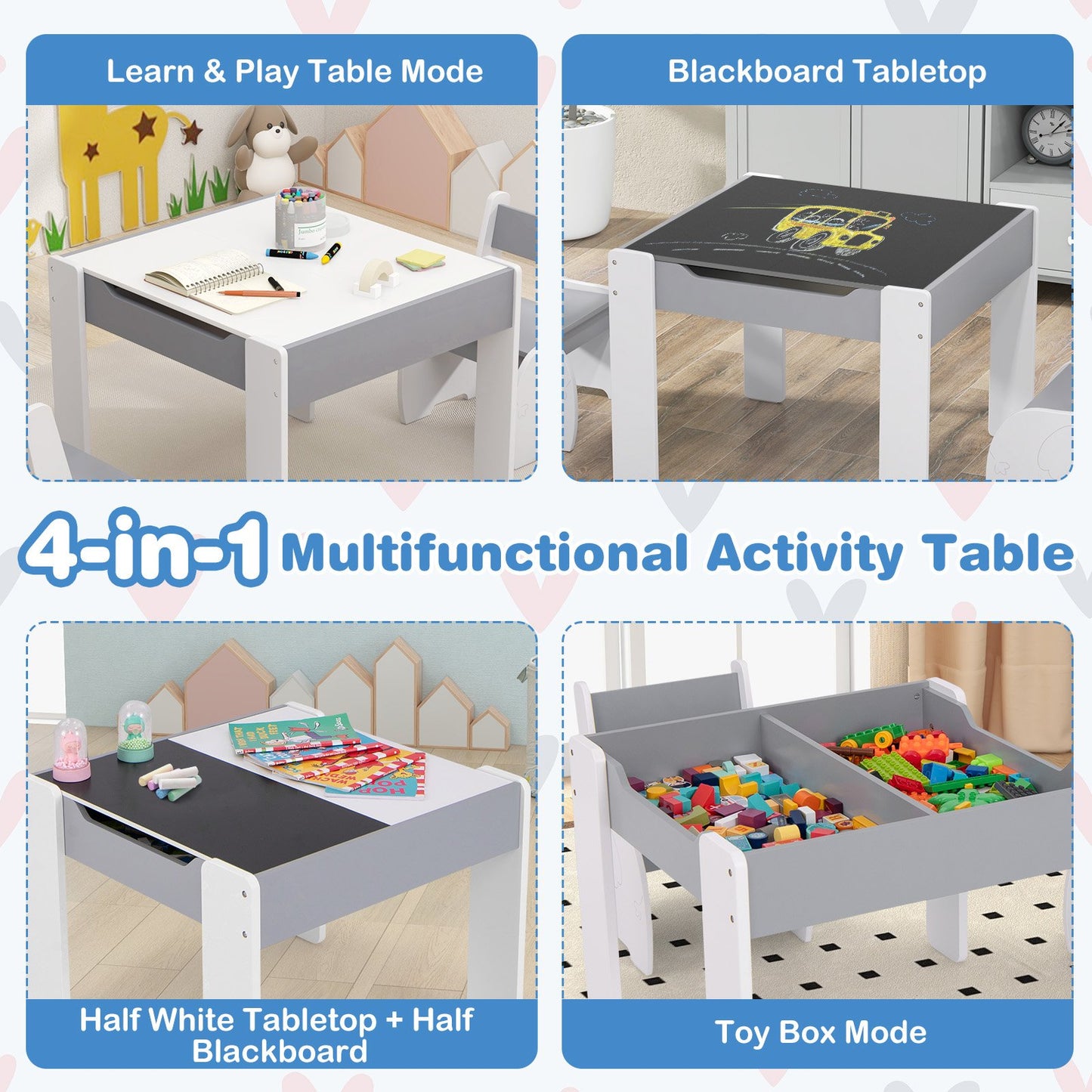 4-in-1 Wooden Activity Kids Table and Chairs with Storage and Detachable Blackboard, Gray