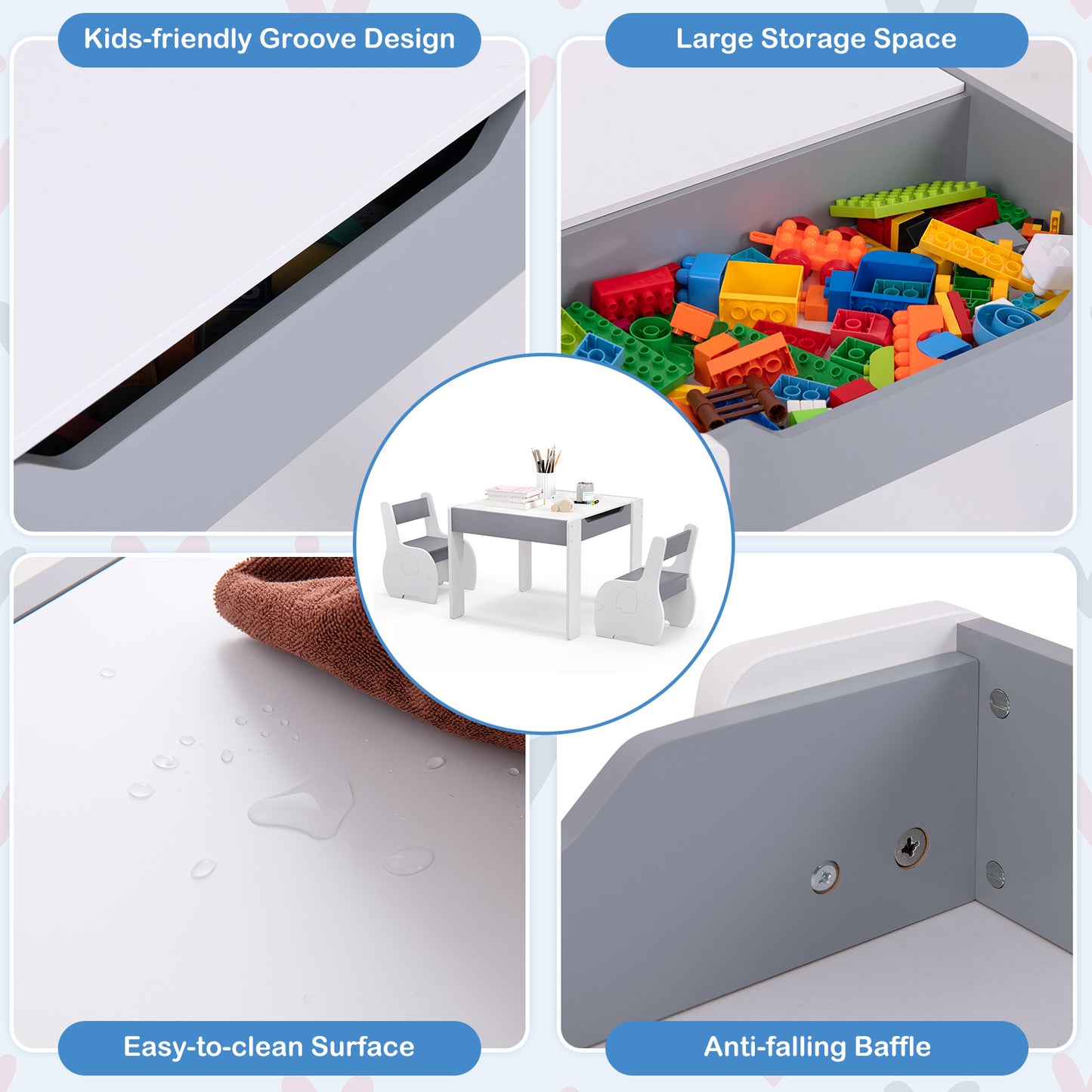 Table et chaises pour enfants en bois 4-en-1, avec rangement, tableau noir amovible, gris